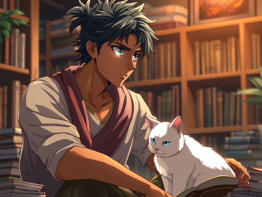 A young man with tousled dark hair sits in a cozy library, reading a book with a white cat beside him. The background features numerous bookshelves filled with books, creating a warm atmosphere.